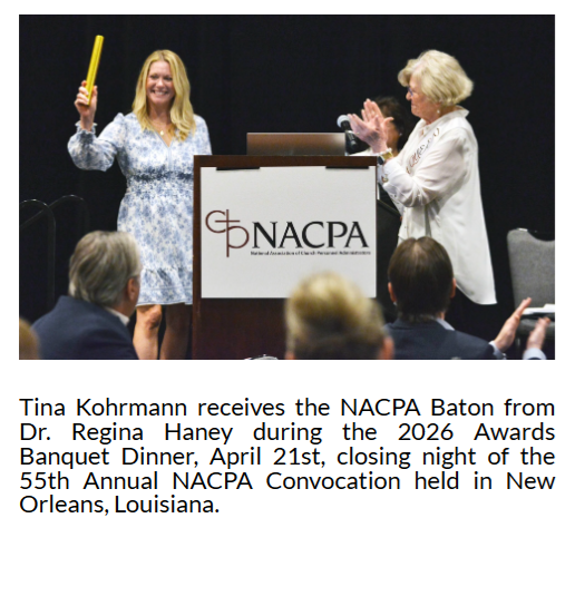 Regina Haney Passes the NACPA Baton to Tina Kohrmann at the NACPA 2026 Awards Banquet Dinner in New Orleans April 21 2026