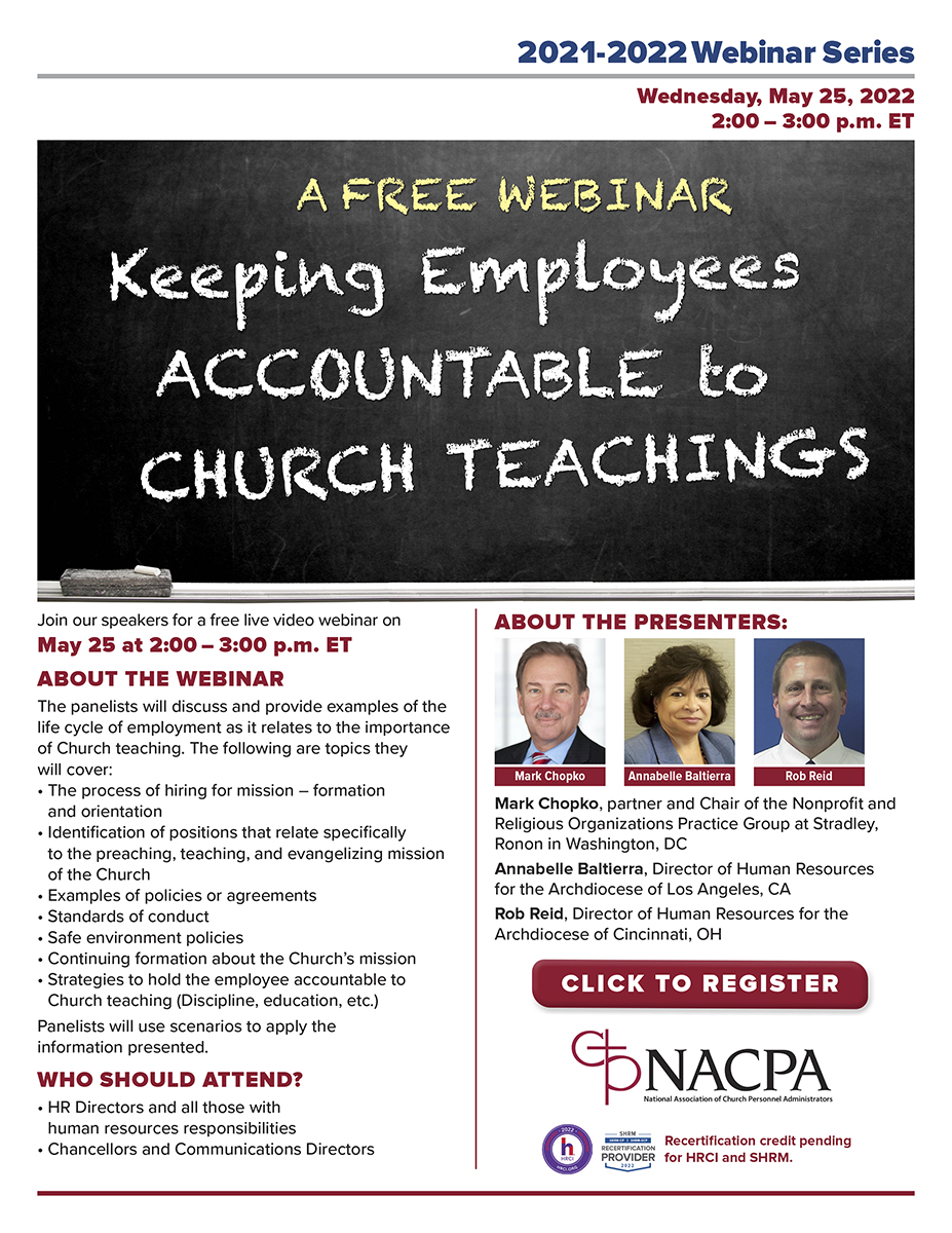 Free Webinar: Keeping Employees Accountable to Church Teachings 5/25/22 2PM ET